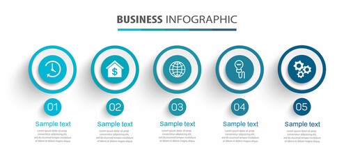 Business infographic design template with 5 options, steps or processes. Can be used for workflow layout, diagram, annual report, web design  