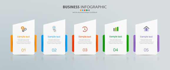 Business infographic design template with 5 options, steps or processes. Can be used for workflow layout, diagram, annual report, web design  