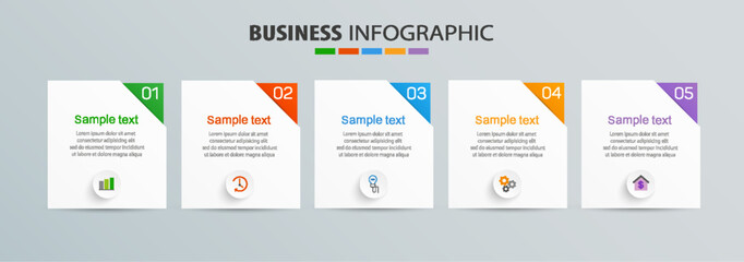 Business infographic design template with 5 options, steps or processes. Can be used for workflow layout, diagram, annual report, web design  
