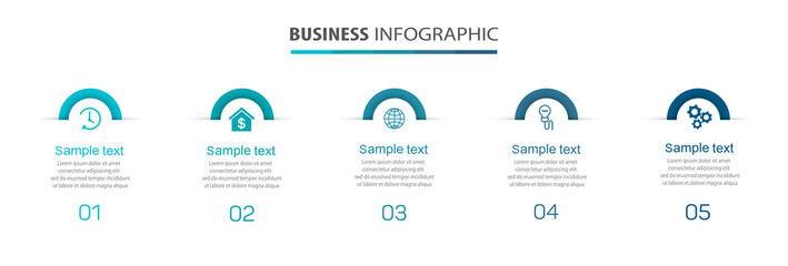 Business infographic design template with 5 options, steps or processes. Can be used for workflow layout, diagram, annual report, web design  