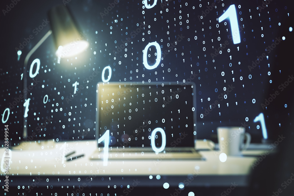 Poster creative abstract binary code sketch on modern laptop background, hacking and matrix concept. multie