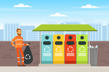 Obraz na płótnie Canvas Bearded Man Waste Collector or Garbageman in Orange Uniform Collecting Municipal Solid Waste and Recyclables in Dustbin Vector Illustration