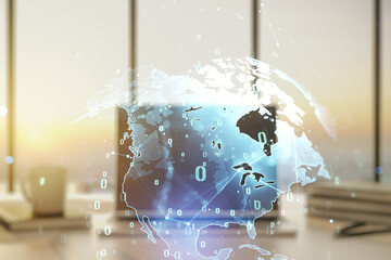 Abstract creative coding concept with world map on modern laptop background. Multiexposure