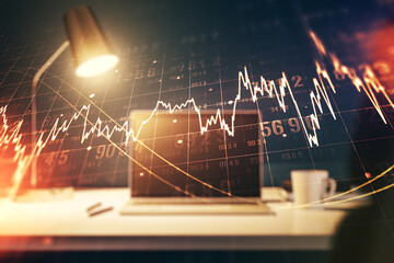 Abstract creative financial graph on modern laptop background, forex and investment concept. Multiexposure
