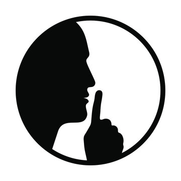 No talking please. Head human silhouette with finger near lips. Sign ask for silence isolated on white background. Vector illustration