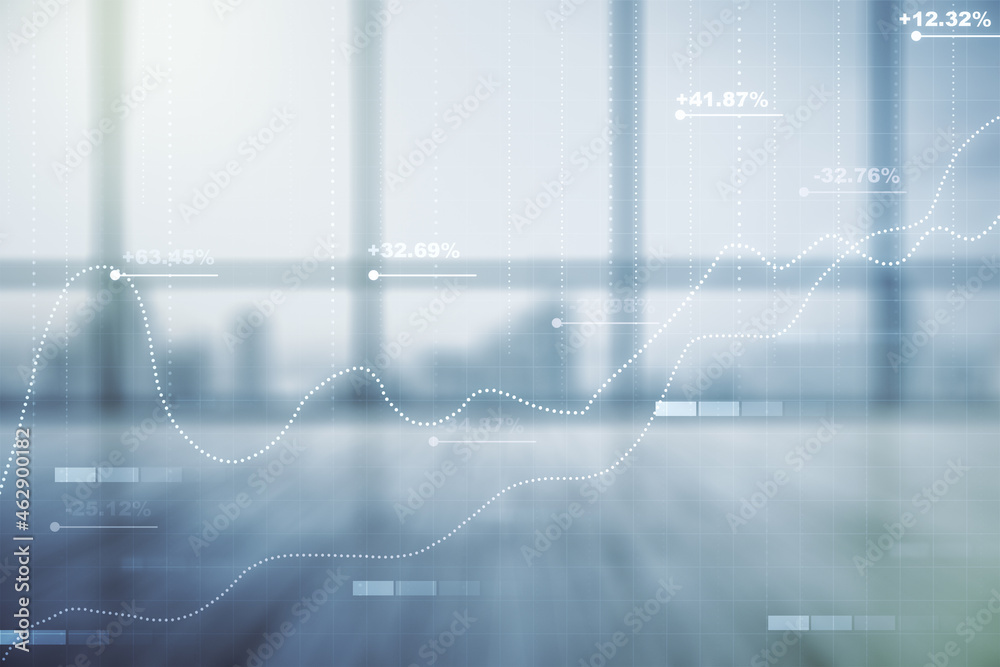 Poster abstract virtual stats data hologram on empty corporate office background. multiexposure