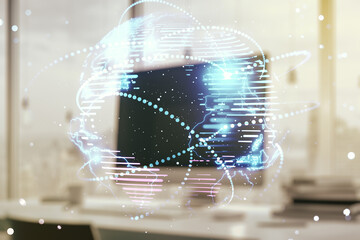 Abstract graphic digital world map with connections on modern computer background, globalization...