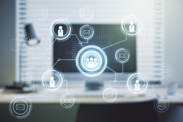 Double exposure of social network icons concept with modern laptop on background. Marketing and promotion concept