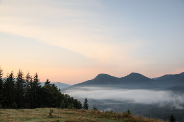 Picturesque view of beautiful foggy mountains in morning