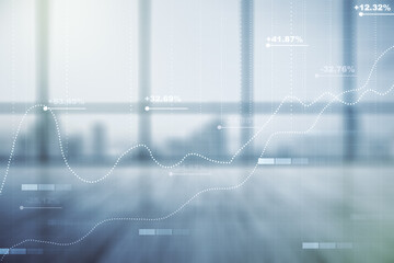 Abstract virtual stats data hologram on empty corporate office background. Multiexposure