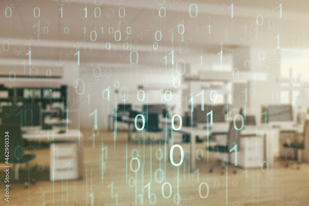 Poster abstract virtual binary code hologram on a modern furnished classroom background, ai and machine lea