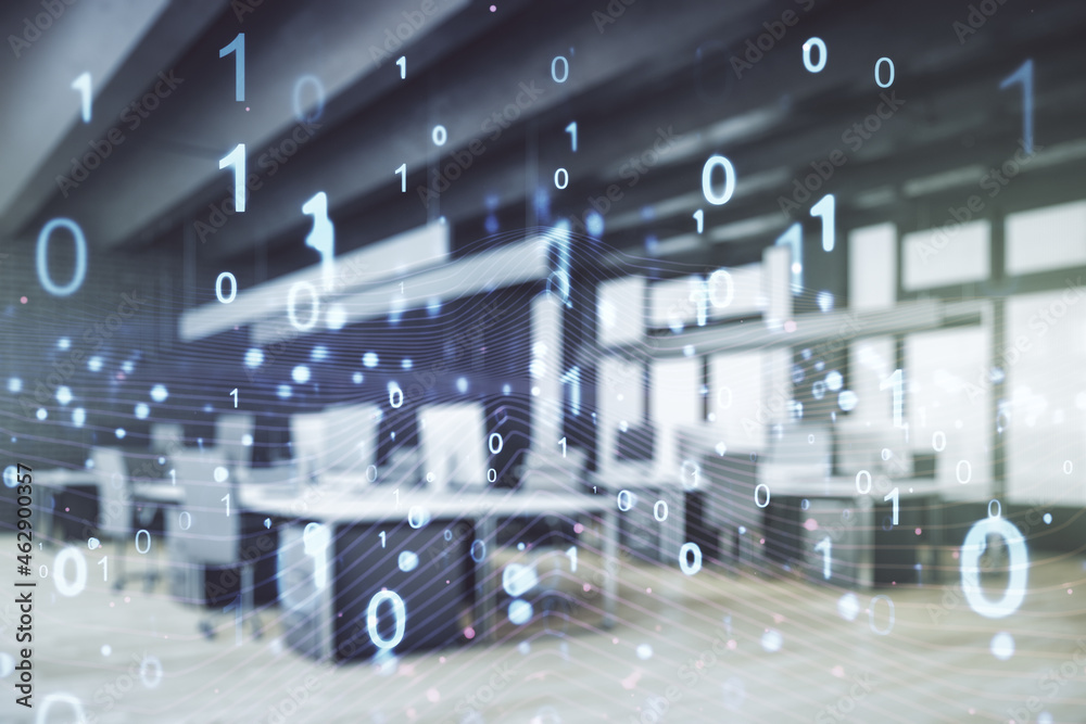 Poster abstract virtual binary code illustration on a modern furnished office background. big data and codi