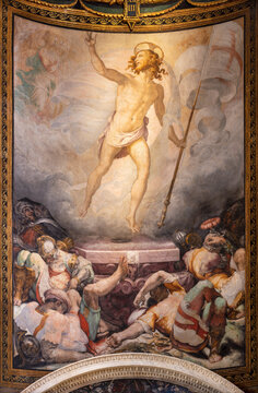 ROME, ITALY - SEPTEMBER  1, 2021: The Resurrection fresco in church Santa Maria dell Anima by Francesco Salviati from 16. cent.