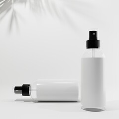 white cosmetic bottles with black cap and 3d background beauty  