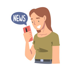 Woman Character Gathering News Reading Article on Smartphone Vector Illustration