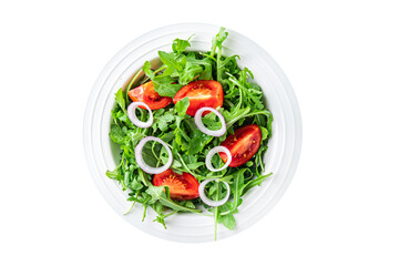 salad arugula, tomato, onion fresh vegetable plate meal snack on the table copy space food background 