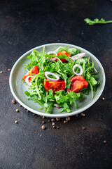 salad arugula, tomato, onion fresh vegetable plate meal snack on the table copy space food background 