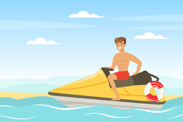 Young Man Lifeguard on Water Scooter Supervising Safety Vector Illustration