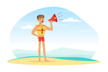 Young Man Lifeguard in Sea Vest Shouting in Megaphone Supervising Safety Vector Illustration
