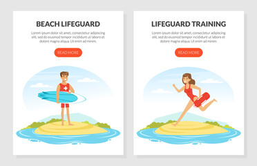 Young Man and Woman Lifeguard with Surfboard Supervising Safety Vector Template