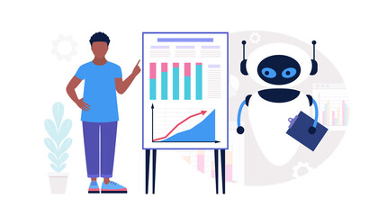 Robot with character analyzing infographic