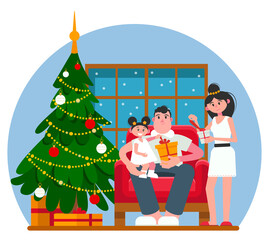 Parents with child open Christmas presents near festive xmas tree. Cartoon characters. Winter holiday celebration. Present giving, Xmas tradition. Vector illustration