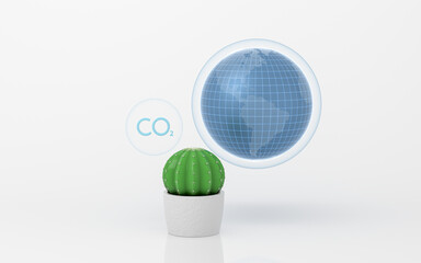 Carbon emissions and prickly pear with white background, 3d rendering.
