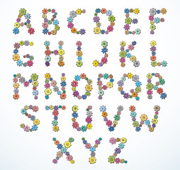 Vector alphabet of cheerful caricature hand-drawn characters consisting of spinning gears