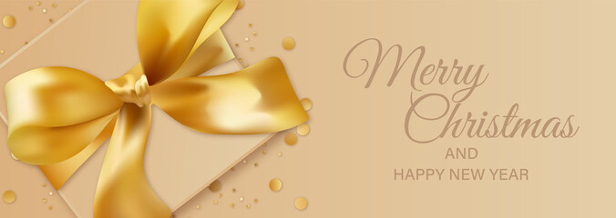 Banner, happy Christmas and New Year greeting card in beige with realistic golden bow, confetti and ribbons, gift box 