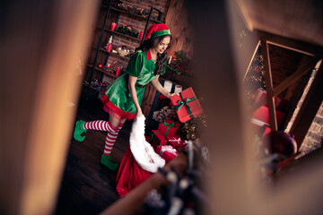 Full length profile photo of nice young brunette lady hold present wear green costume at home on holiday