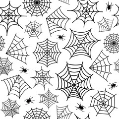 Spiderweb and spiders on a white background. Halloween texture for wallpaper, fill, web page background, surface texture.