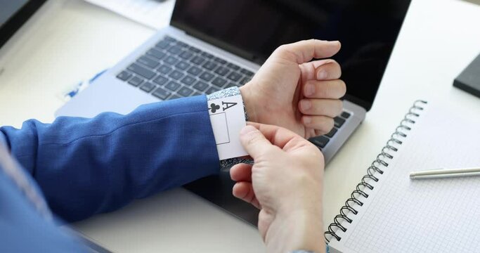 Businessman pulling ace of baptism from his jacket sleeve 4k movie