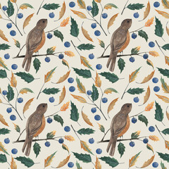 Watercolor hand-painted floral seamless pattern. Autumn birds