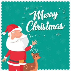 Merry Christmas greeting card background with Santa Claus and reindeer cartoon vector illustration