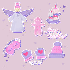 Christmas stickers in pink and purple color with angel, candles, cookies, sleep mask, mittens and hat 