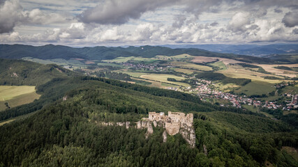 Fototapeta premium Aerial view of the castle in the village of Lietava in Slovakia