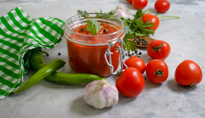homemade tomato sauce on a concrete background
