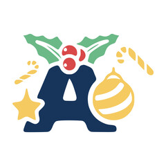 The letter A is decorated with mistletoe and Christmas elements. New Year lettering clip art.