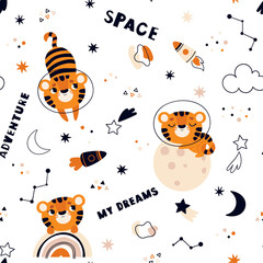 Seamless pattern with tigers in space. Stars and moon on the background.