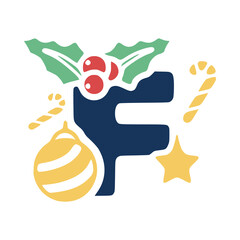 The letter f is decorated with mistletoe and Christmas elements. New Year lettering clip art.