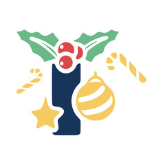 The letter i is decorated with mistletoe and Christmas elements. New Year lettering clip art.