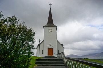 Fototapeta na wymiar Borgarnes, Iceland: Borgarneskirkja, church on a hill in a town in western Iceland, built in 1953.