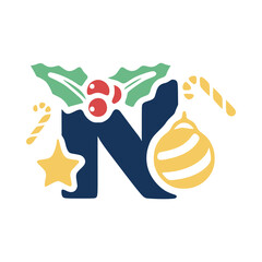 The letter n is decorated with mistletoe and Christmas elements. New Year lettering clip art.