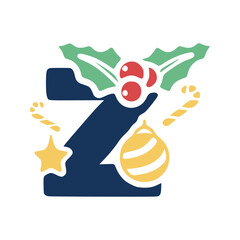 The letter z is decorated with mistletoe and Christmas elements. New Year lettering clip art.