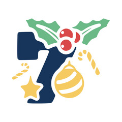 Number 7 is decorated with mistletoe and Christmas elements. New Year vector clip art.