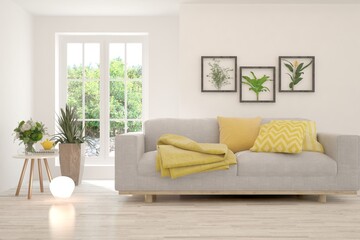 White living room with sofa. Scandinavian interior design. 3D illustration