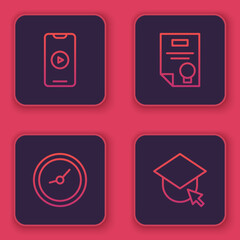 Fototapeta premium Set line Online play video, Clock, Certificate template and Graduation cap on globe. Blue square button. Vector