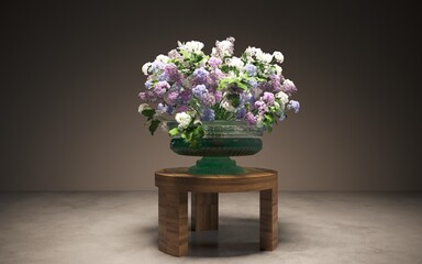 Still life lilac flowers in a vase on the table. 3D illustration, cg render