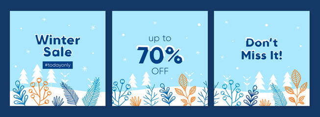 Flat design winter sale promotion square banner set. Social media post and feed template
