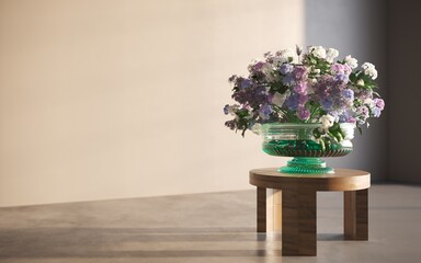 Still life lilac flowers in a vase on the table. 3D illustration, cg render